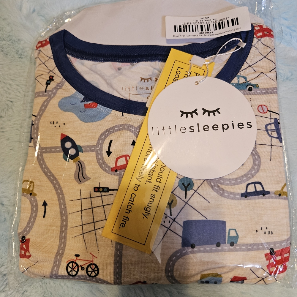 Little Sleepies Kids Pajama Set - Blue and Cream Road Trip Design
